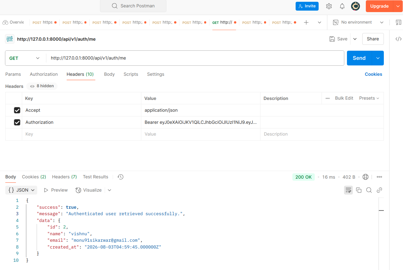Laravel JWT Authentication API project screenshot